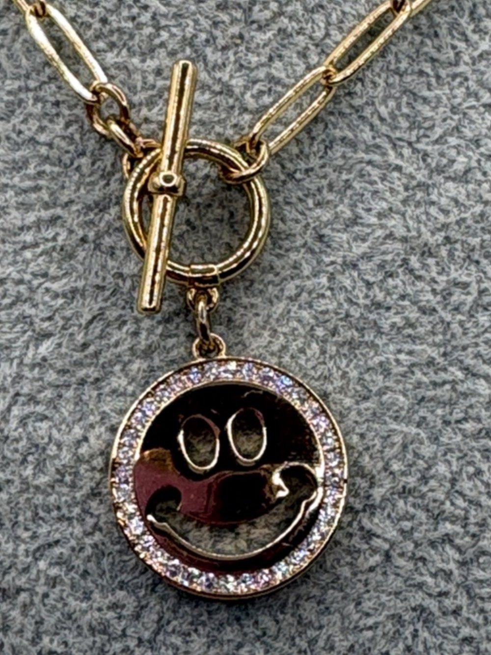 Gold Smiley Face Pendant Necklace - Gold Toggle Paperclip 18” - Picture 2 of 9
